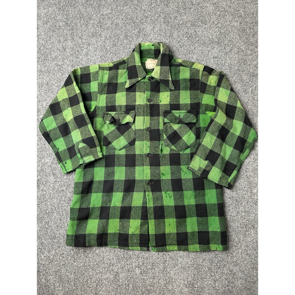 Mens Wool Flannel Shirt Courtleigh Green Plaid 80s Button Up, Size S